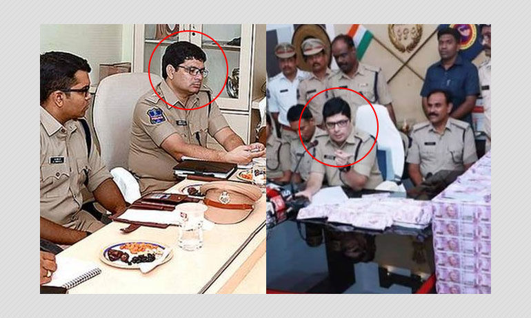 दाएं: खम्मम पुलिस कमीश्नर तफ़्सीर इक़बाल; बाएं: वायरल तस्वीर में दिखाई दे रहे पुलिस कर्मी