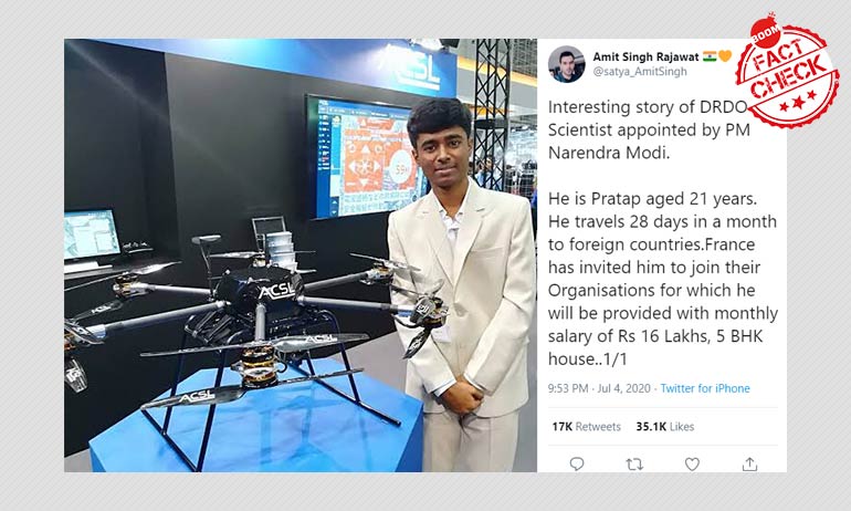 क्या प्रधानमंत्री मोदी ने ड्रोन जानकार प्रताप को डी.आर.डी.ओ वैज्ञानिक के पद पर नियुक्त किया है? क्या प्रधानमंत्री मोदी ने ड्रोन जानकार प्रताप को डी.आर.डी.ओ वैज्ञानिक के पद पर नियुक्त किया है?