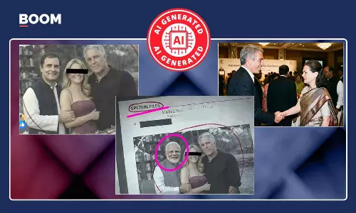 AI generated image falsely showing Narendra Modi, Rahul Gandhi and Sonia Gandhi with Jeffrey Epstein AI generated image falsely showing Narendra Modi, Rahul Gandhi and Sonia Gandhi with Jeffrey Epstein
