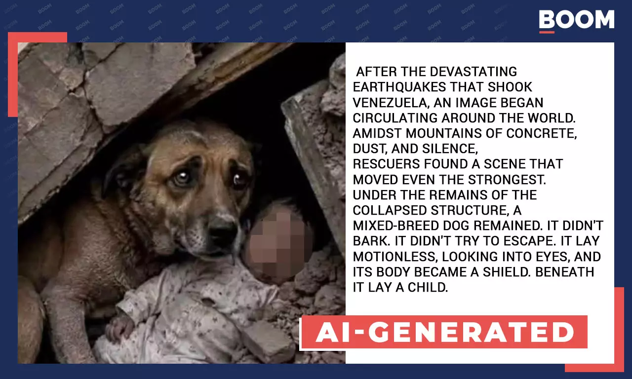 AI-generated image of a dog protecting a child under earthquake rubble in Venezuela