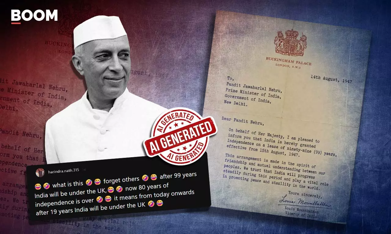 AI-generated letter falsely claiming India got independence on a 99-year lease.